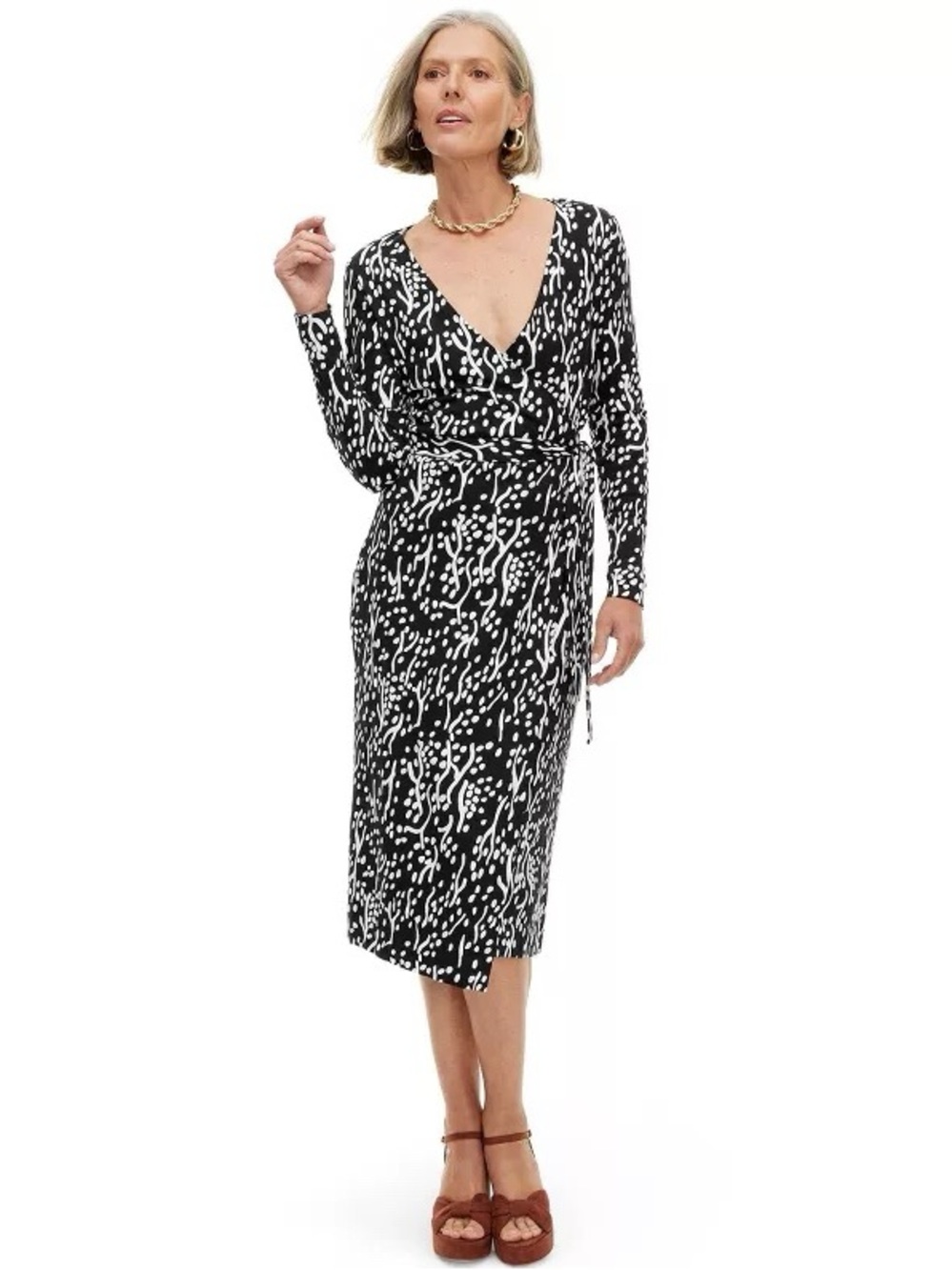 NWT Diane Von Furstenberg Black & White Abstract Long Sleeve Wrap Midi Dress